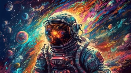 Psychedelic colorful astronaut in space. Generative AI