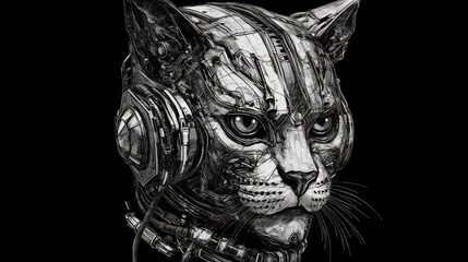 Cat cyborg. Sci-fi robotic cat head. Black and white. Generative AI