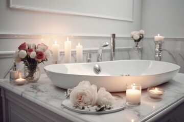 Obraz na płótnie Canvas Elegant white bathroom interior with modern vessel, AI