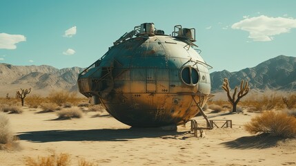 Extraterrestrial round spaceship in desert. Generative AI