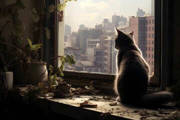 Eine neugierige Katze sitzt auf der Fensterbank und schaut aus dem Fenster. - obrazy, fototapety, plakaty