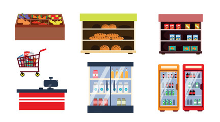 Set of various shop equipment. Vector illustration of a rack with vegetables and fruits, shelves with bread, chips, refrigerators with drinks, juices, milk, a cart with products, a cash register.