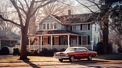 Obraz premium American house and red old car. Generative AI
