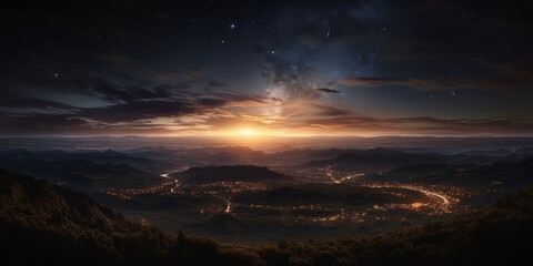 Fototapeta premium Futuristic city in night lights with galaxy planets in sky, fantasy realistic background. Sunset in futuristic megapolis with space moon on horizon in AI generative