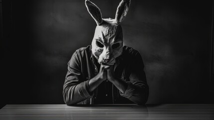 Villain in scary rabbit mask. Creepy person in rabbit mask. Black and white. Generative AI