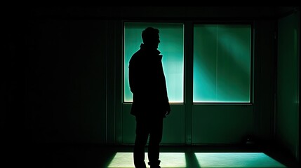 Silhouette of man in dark room with green lights. Generative AI