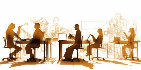 Silhouette of Business People Teamworking in Modern Office Situation, Rendered in Leonardo da Vinci and Architect Technical Drawing Styles, Wearing Modern Business Outfits