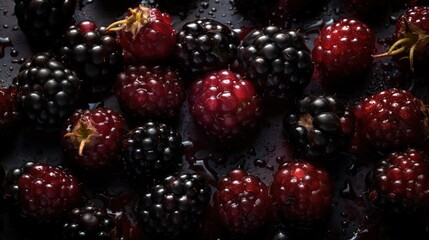 Blackberries with water drops. View from above. Blackberry. Generative AI