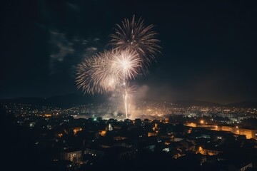 Colorful beautiful fireworks over city at night, generated by AI