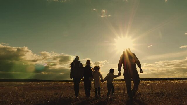 mother father child walking sunset park, girl boy son daughter happy family, childhood dream sun, mom father daughter son joyful walk walking run, people park concept, happy smiling family, path