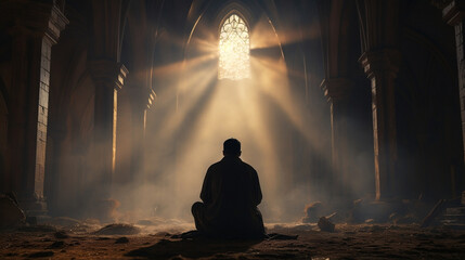 Heartfelt Devotion, Solitary Man Praying in Illuminated Cathedral
