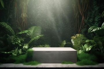 Concrete podium in tropical forest for product presentation, generative AI