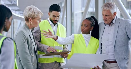 People, architect and blueprint for planning construction, meeting or team strategy in city. Group of employees, contractor or engineer in teamwork with floor plan for architecture in urban town