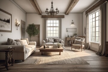 Cozy farmhouse living room interior, AI generated illustration