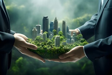 Obrazy na Plexi  Businesspartner halten gemeinsam die Erde für Nachhaltigkeit