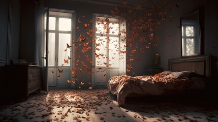 Butterflies in gloomy bedroom. A lot of butterflies in room. Generative AI - obrazy, fototapety, plakaty