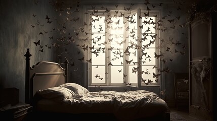 Butterflies in gloomy bedroom. A lot of butterflies in room. Generative AI