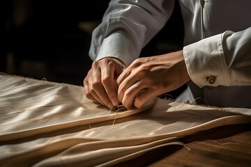 Obraz premium Die Hände eines Schneiders fädeln eine Nadel ein und nähen Stoff