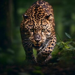 Eine Wildlife-Aufnahme eines wilden Raubtiers auf der Jagd, mit intensivem Blick.

