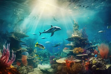 Naklejka na ściany i meble Dolphins and a reef undersea environment, AI generated illustration