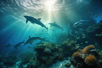 Fototapeta na wymiar Dolphins and a reef undersea environment, generated by AI