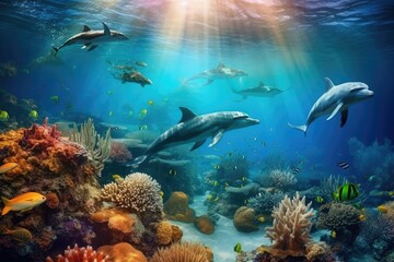 Fototapeta na wymiar Dolphins and a reef undersea environment. generative AI illustration 