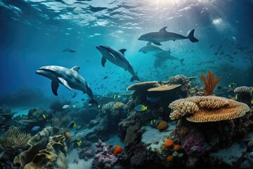 Naklejka na ściany i meble Dolphins and a reef undersea environment. generative AI