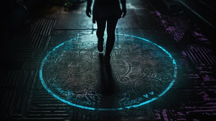Person walking through portal on the floor. Generative AI - obrazy, fototapety, plakaty