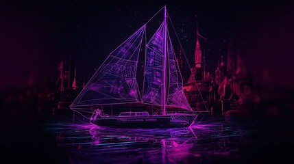 Cyberpunk purple sailboat. Yacht logo. Generative AI