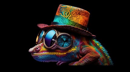 Cyberpunk chameleon wearing colorful iridescent glasses. Lizard creature. Generative AI