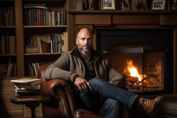 A man with blue jeans sitting in a brown leather armchair in a cozy study with a fireplace. The background consists of a bookshelf with various books and a fireplace with a fire burning - Powered by Adobe