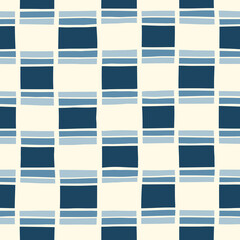 Hand-Drawn Blue and White Geometric Checks Vector Seamless Pattern. Modern Retro Palyful Print. Organic Square Shapes - 629714427