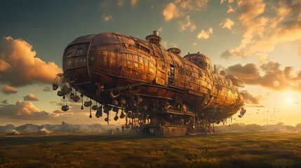 Flying zeppelin. Fantasy surreal zeppelin. Airship. Landscape. Generative AI