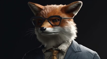 Anthropomorphic fox wearing business suit and glasses. Black background. Generative AI