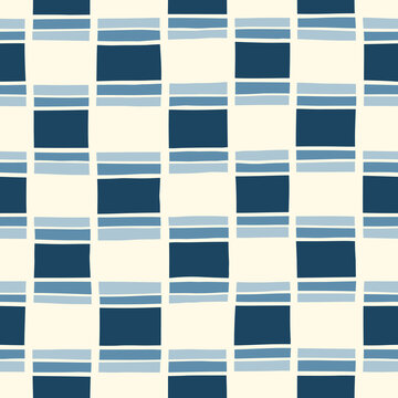 Hand-Drawn Blue and White Geometric Checks Vector Seamless Pattern. Modern Retro Palyful Print. Organic Square Shapes