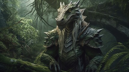 Anthropomorphic dragon in forest. Armored dragon. Generative AI