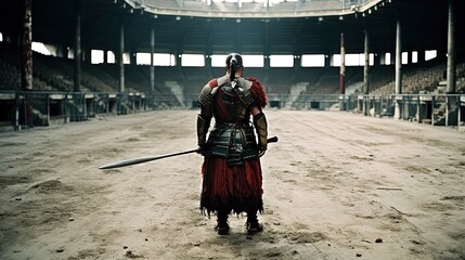 Armored gladiator overlooking the ancient empty amphitheater. Antique gladiator arena. Generative AI