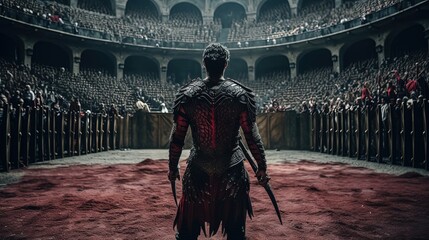 Armored gladiator overlooking the ancient amphitheater. Antique gladiator arena. Generative AI