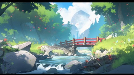 anime style shot of a bridge over a river in the woods
