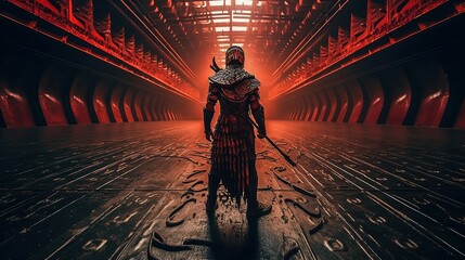 Armored gladiator overlooking the ancient amphitheater. Antique gladiator arena. Red light. Generative AI