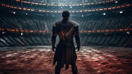 Armored gladiator overlooking the ancient amphitheater. Antique gladiator arena. Muscle gladiator. Generative AI