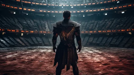 Fotobehang Armored gladiator overlooking the ancient amphitheater. Antique gladiator arena. Muscle gladiator. Generative AI © Soulmate