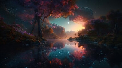 Magical lake in forest. Fantasy lake in forest. Generative AI