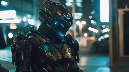 Fototapeta na wymiar Futuristic armored black robotic cyborg. Street background. Generative AI