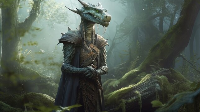 Anthropomorphic dragon in forest. Armored dragon. Generative AI