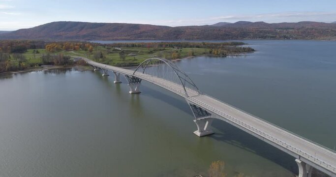 Drone flight at the Lake Champlain Bridge between Crown Point, New Yorkn and Chimney Point, Vermont, USA, North America