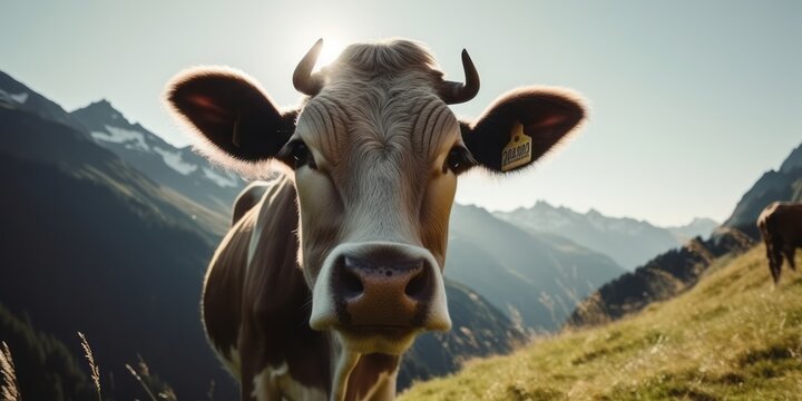 Close-Up of Curious Cow Gazing into the Image in Front of a Beautiful Alpine Hut, Where Hikers Enjoy a Refreshing Beer Amidst Majestic Mountains and Blue Sky Scenery