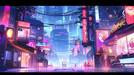 wide shot of a city in cyberpunk and anime style