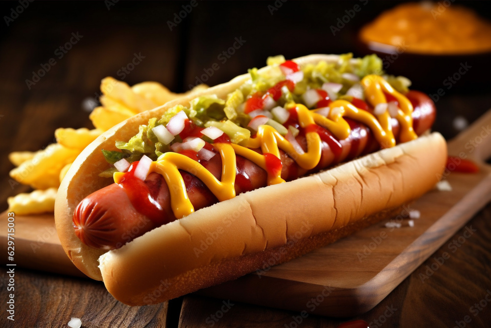 Wall mural dog yellow food background bread meat american sausage hot sauce fast. generative ai.