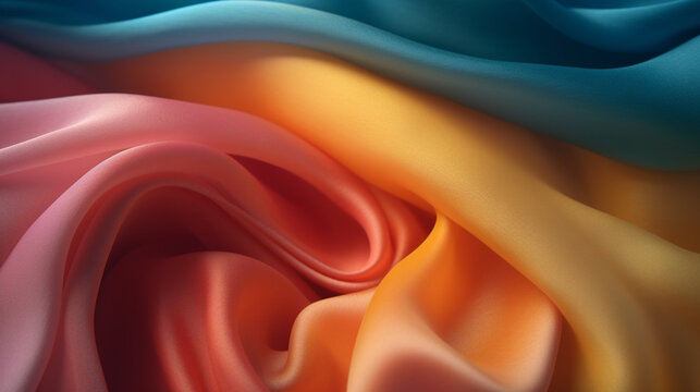 Tissu en soie, drap&eacute; en mouvement. Textile soyeux, &eacute;l&eacute;gant, et color&eacute; de couleur bleu, jaune et rose. Fond pour conception et cr&eacute;ation graphique.
